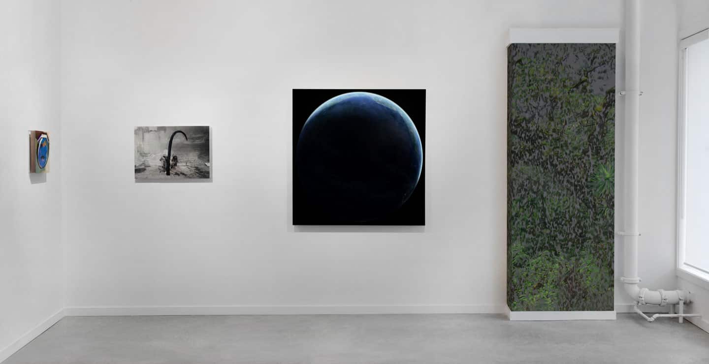 Alex Fischer, (FAR LEFT) Purple Jesus, 2011. (LEFT) bow, 2012. (CENTER) Supercollider, 2011 installed in 'Beyond The Fall' at O'Born Contemporary